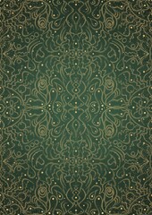 Hand-drawn unique abstract gold ornament on a green warm background, with vignette of darker background color and splatters of golden glitter. Paper texture. Digital artwork, A4. (pattern: p07-2d)