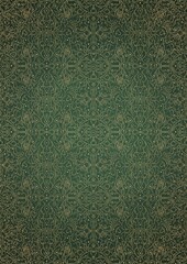 Fototapeta premium Hand-drawn unique abstract gold ornament on a green warm background, with vignette of darker background color and splatters of golden glitter. Paper texture. Digital artwork, A4. (pattern: p07-2e)