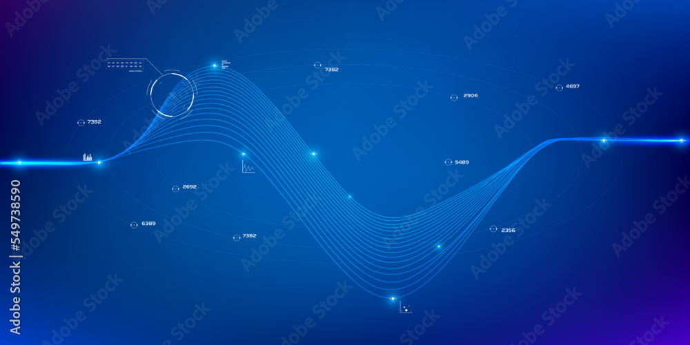 Leinwandbilder HUD telecommunication oval transmission wave network vector. Futuristic dynamic waveform data complexity background