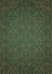 Hand-drawn unique abstract gold ornament on a green warm background, with vignette of darker background color and splatters of golden glitter. Paper texture. Digital artwork, A4. (pattern: p08-2e)