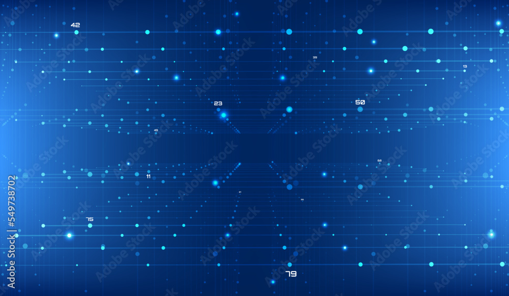 Poster Futuristic Blue Glow Horizontal Line Technology Futuristic with Digital Number Display Perspective Grid, Wireframe Dynamic Data Communication Transfer Concept Vector Background.
