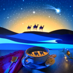 Nativity Of Jesus. Reflexion of Three Wise Men in Cup of Tea
