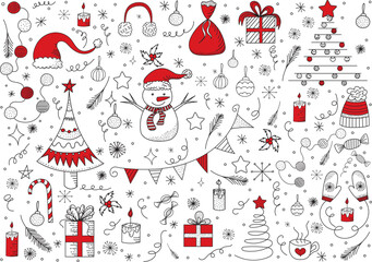 set of new year elements, christmas doodle sketch ,outline isolated vector