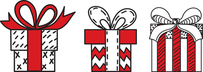 gifts with bows doodle sketch ,outline isolated vector