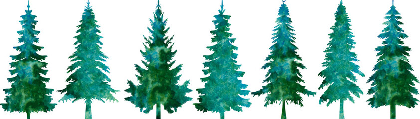 silhouette set spruce, fir trees watercolor green design vector isolated