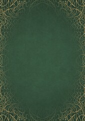 Warm green textured paper with vignette of golden hand-drawn pattern. Copy space. Digital artwork, A4. (pattern: p02-2d)