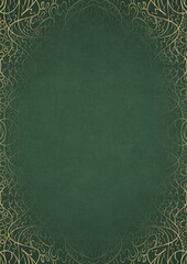 Warm green textured paper with vignette of golden hand-drawn pattern. Copy space. Digital artwork, A4. (pattern: p02-2d)