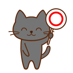 丸を掲げて微笑む黒猫