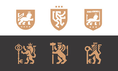 Lion logo mark icon set. Royal brand identity symbol design collection. Heraldic animal crown shield emblems. Vector illustration.