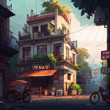 Stunning illustration of Street of Hanoi. Asian city street. Beautiful illustration generated by Ai. © Cheport