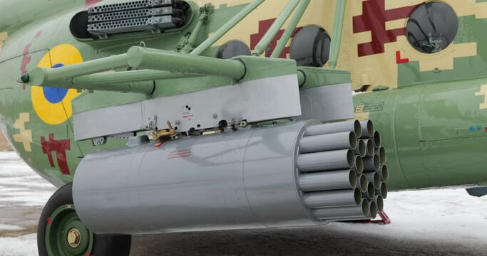 Air force helicopter Mil Mi-8. The Mil Mi-8 is a medium twin-turbine helicopter. Military helicopter with a weapon