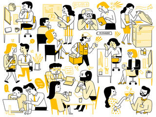 Cute character dooddle illustration of business office people in various poses, activities, lifestyle.  Outline, linear, thin line art, hand drawn sketch design, simple style.