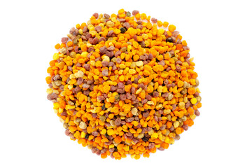Bee pollen grains isolated on white background, top view. Pile of bee pollen isolated on white background, close-up. Multicolored bee pollen isolated on white background, top view.
