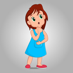 Cute Little girl thinking pose, 2d cartoon character vector