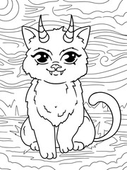 Devil Kitten, Hells Pet. Children coloring book. Vector.