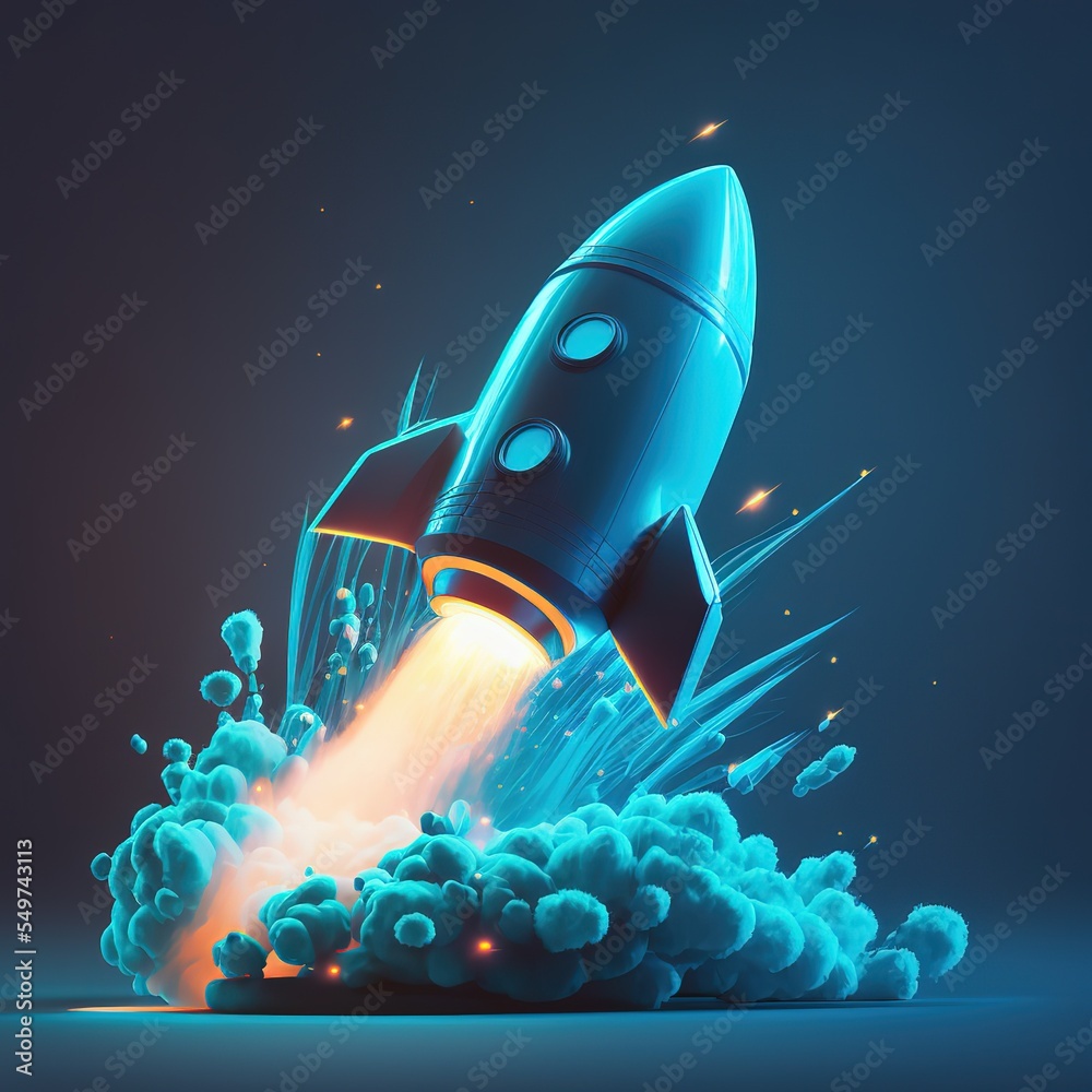 Poster 3d cartoon style minimal spaceship rocket icon illuminated by neon light, electronic isolated on a b