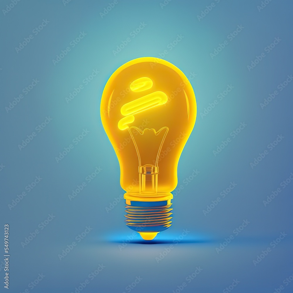 Poster 3d cartoon style minimal yellow light bulb icon illuminated by neon light, electronic isolated on a 