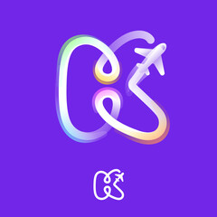 Obraz premium Letter K logo made of one gradient line with plane icon and rainbow shine. Overlapping multicolor emblem.