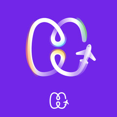 Letter H logo made of one gradient line with plane icon and rainbow shine. Overlapping multicolor emblem.