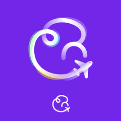 Letter G logo made of one gradient line with plane icon and rainbow shine. Overlapping multicolor emblem.