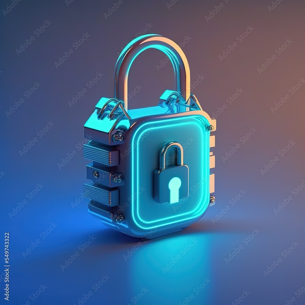 Poster padlock, lock illuminated by neon light. electronic isolated on a blue background. ai