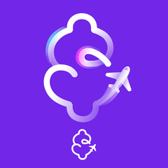 Dollar sign logo made of one gradient line with plane icon and rainbow shine. Overlapping multicolor emblem.
