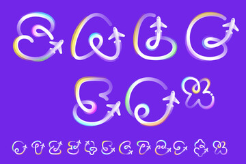 Sale banner with number set made of one gradient line with plane icon and rainbow shine. Overlapping emblem.