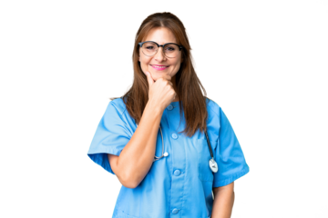 Middle age nurse woman over isolated background with glasses and smiling