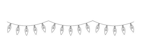 One continuous line drawing of Christmas garland with light bulbs. Festive festoon xmas string and divider border in simple linear style. Editable stroke. Doodle vector illustration