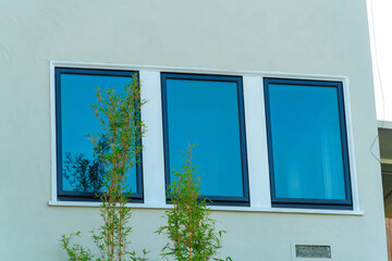 Row of modern windows on white stucco house or home in shade midday with slight foliage or front yard plants reaching up to building