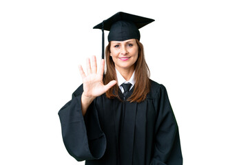 Middle age university graduate woman over isolated background counting five with fingers