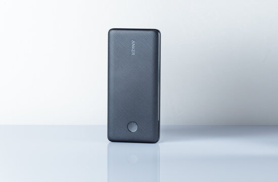 Zaporizhzhia, Ukraine - November 27, 2022: Anker PowerCore III Slim 10000 mAh Black on white background