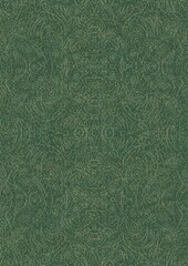Hand-drawn unique abstract seamless ornament. Light green on a darker warm green background, with splatters of golden glitter. Paper texture. Digital artwork, A4. (pattern: p03d)