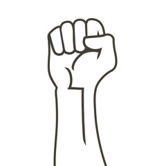 Hand raised air fighting for human rights. Fist up power Concept of protest, rebel, political demands, revolution, unity, cooperation, don't give up. Vector line logo icon