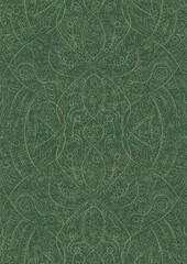 Hand-drawn unique abstract seamless ornament. Light green on a darker warm green background, with splatters of golden glitter. Paper texture. Digital artwork, A4. (pattern: p08-2d)