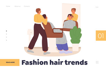 Fashion hair trends concept of landing page with professional barber doing hairdo to male client