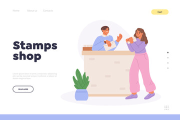Stamps shop concept of landing page with woman sending letter mail from post office
