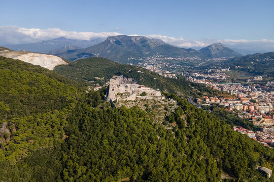 Aerial view of Arechi Castle on mountain top in Salerno, Campania, Italy.