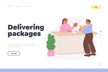 Delivering packages concept of landing page with man sending parcel from post office