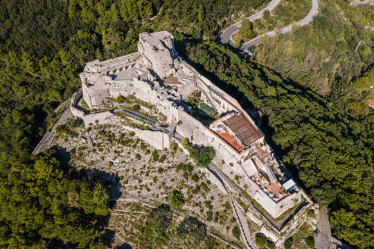 Aerial view of Arechi Castle on mountain top in Salerno, Campania, Italy.