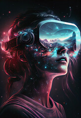 vr headset, double exposure, metaverse, futuristic virtual world, state of consciousness, technology, woman