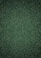 Hand-drawn unique abstract symmetrical seamless ornament. Bright green on a deep warm green with vignette of a darker background color. Paper texture. Digital artwork, A4. (pattern: p01d)