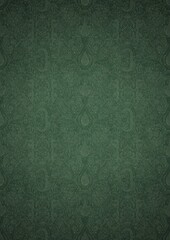 Hand-drawn unique abstract symmetrical seamless ornament. Bright green on a deep warm green with vignette of a darker background color. Paper texture. Digital artwork, A4. (pattern: p01e)