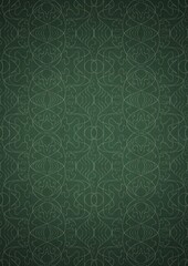Hand-drawn unique abstract symmetrical seamless ornament. Bright green on a deep warm green with vignette of a darker background color. Paper texture. Digital artwork, A4. (pattern: p02-1e)