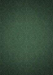 Hand-drawn unique abstract symmetrical seamless ornament. Bright green on a deep warm green with vignette of a darker background color. Paper texture. Digital artwork, A4. (pattern: p02-2e)