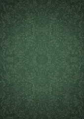 Hand-drawn unique abstract symmetrical seamless ornament. Bright green on a deep warm green with vignette of a darker background color. Paper texture. Digital artwork, A4. (pattern: p06d)
