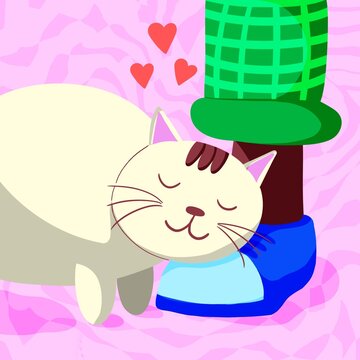 White cat with closed eyes leans on person's leg with love around floating hearts
