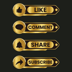 golden like comment share and subscribe icon button vector set