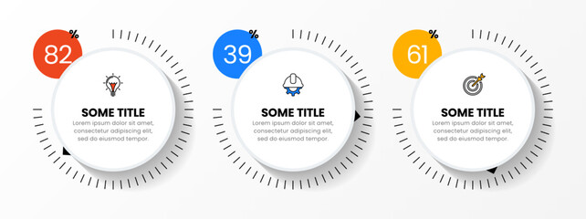 Infographic template. 3 rotary buttons with pointer, text and percentages