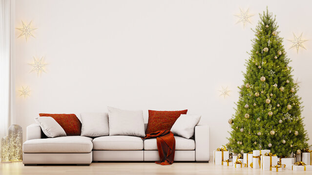 Christmas living room interior with white sofa, christmas tree with balls, stars, gifts and decoration, winter holidays, 3d render